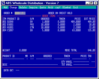 W/D Order Entry Screen