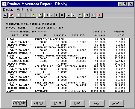 W/D Product Movement Screen