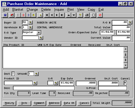 Purchase Order Entry Screen